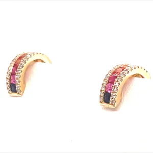 Rainbow Sapphire, Ruby and Diamond Mini Hoop Earrings