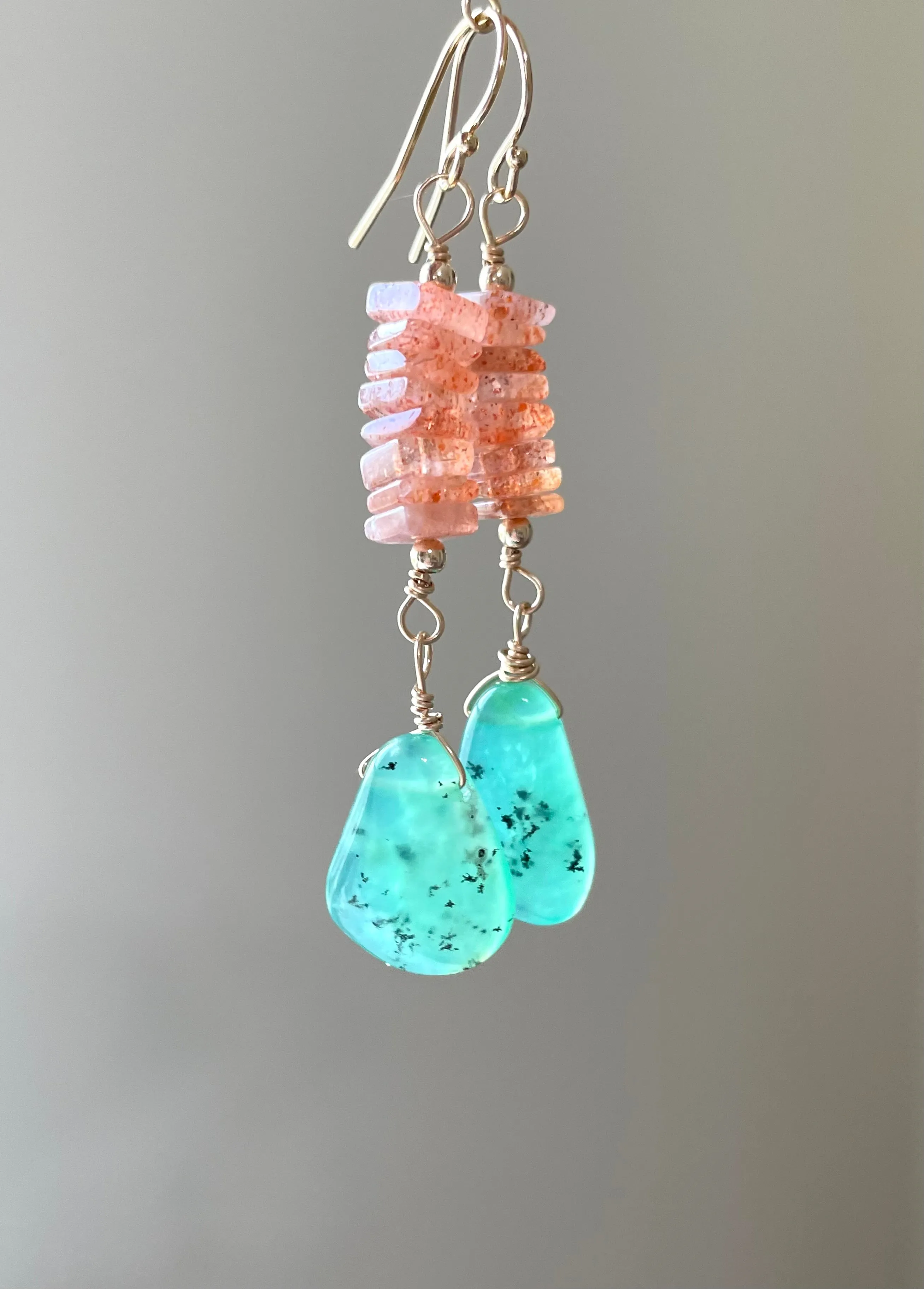 Raw Crystal Earrings - Sunstone and Chrysoprase Gold Filled