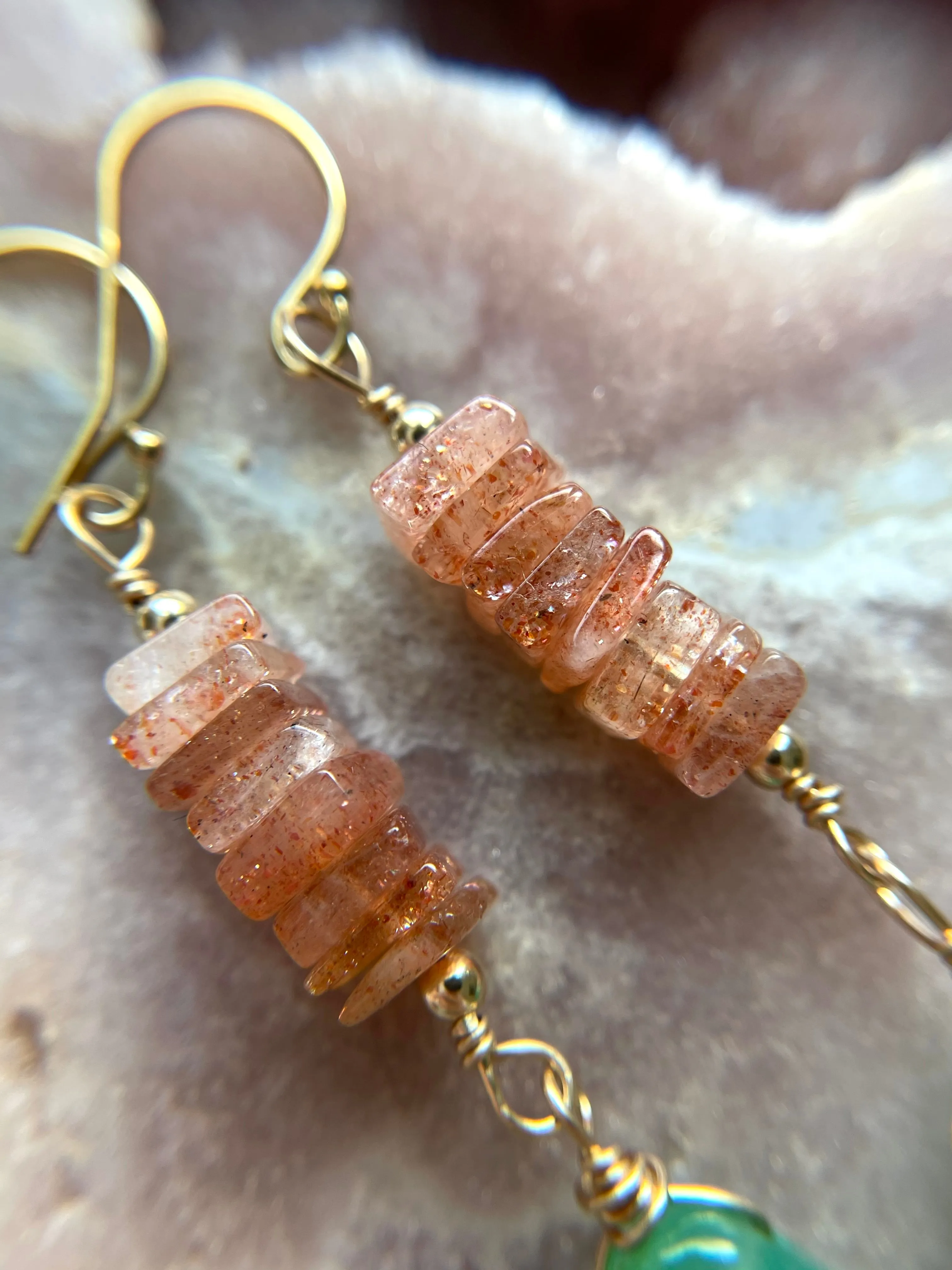 Raw Crystal Earrings - Sunstone and Chrysoprase Gold Filled