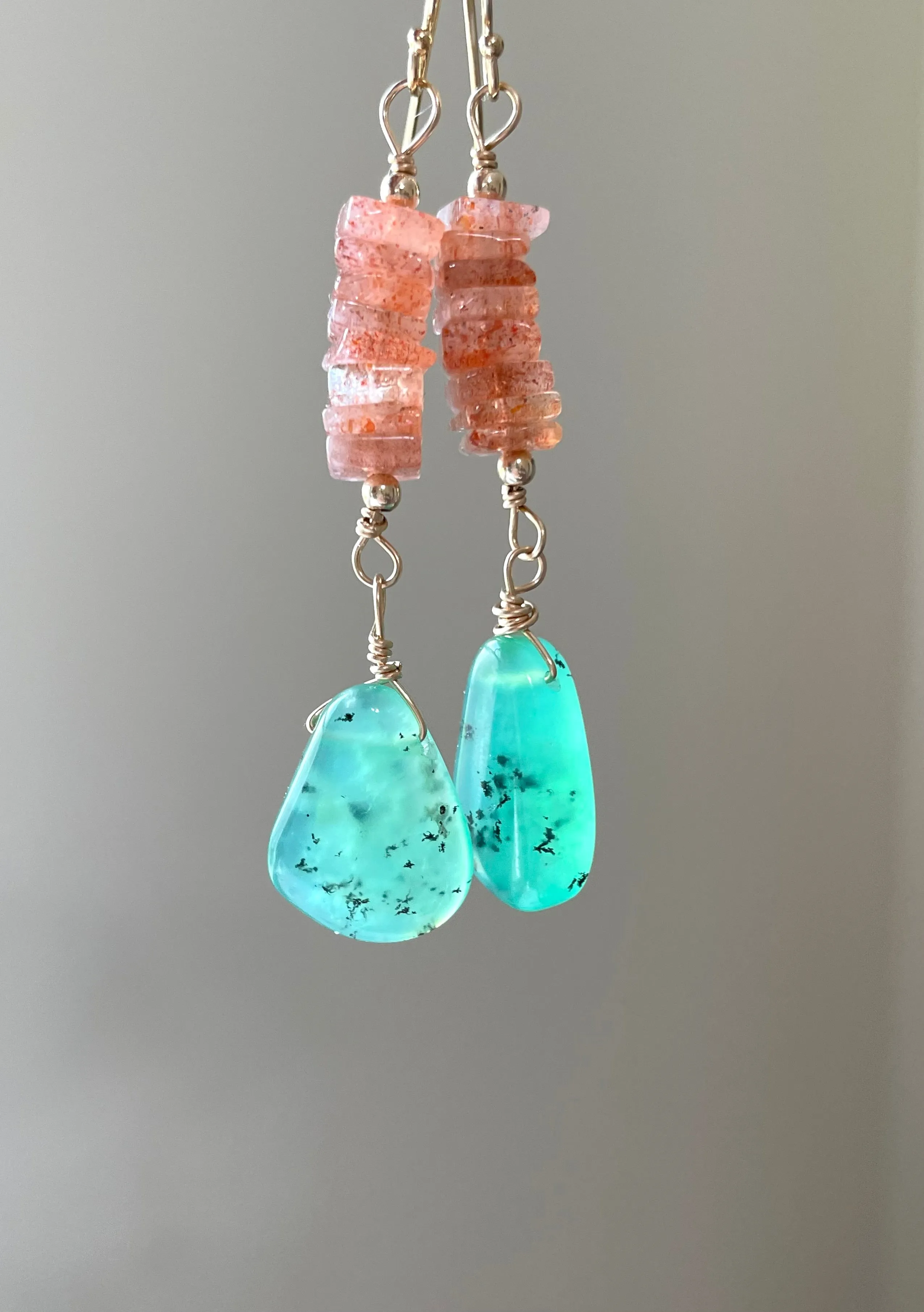 Raw Crystal Earrings - Sunstone and Chrysoprase Gold Filled