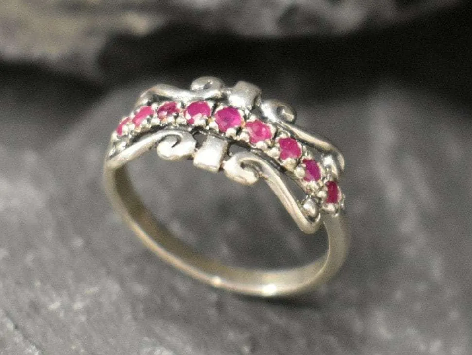 Red Tiara Ring - Natural Ruby Ring, Silver Crown Band