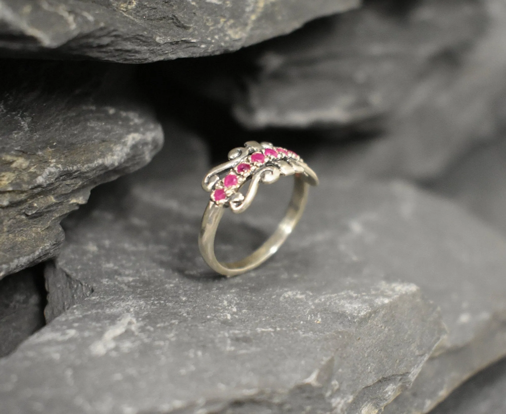 Red Tiara Ring - Natural Ruby Ring, Silver Crown Band