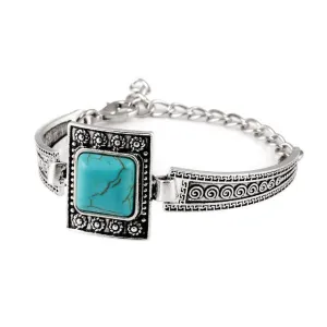 Retro Square Turquoise Cuff Bracelets Vintage Geometric Carved Tibetan Silver Bracelet Alloy pulsera brazalete Accessory