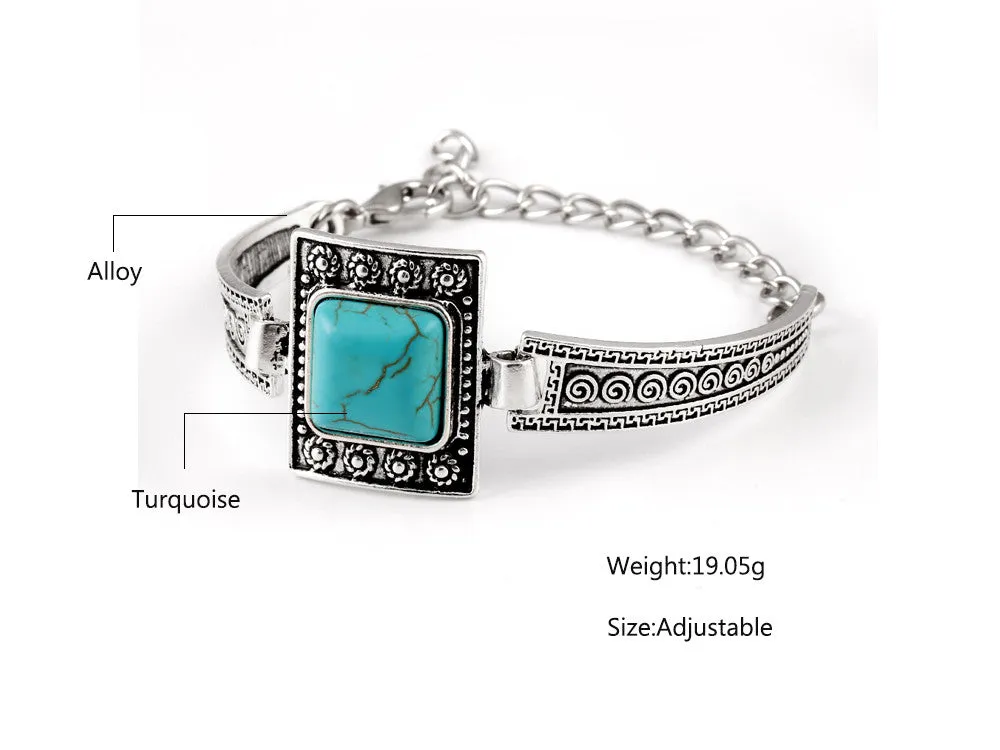 Retro Square Turquoise Cuff Bracelets Vintage Geometric Carved Tibetan Silver Bracelet Alloy pulsera brazalete Accessory