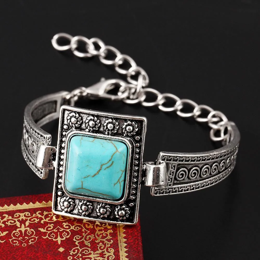 Retro Square Turquoise Cuff Bracelets Vintage Geometric Carved Tibetan Silver Bracelet Alloy pulsera brazalete Accessory