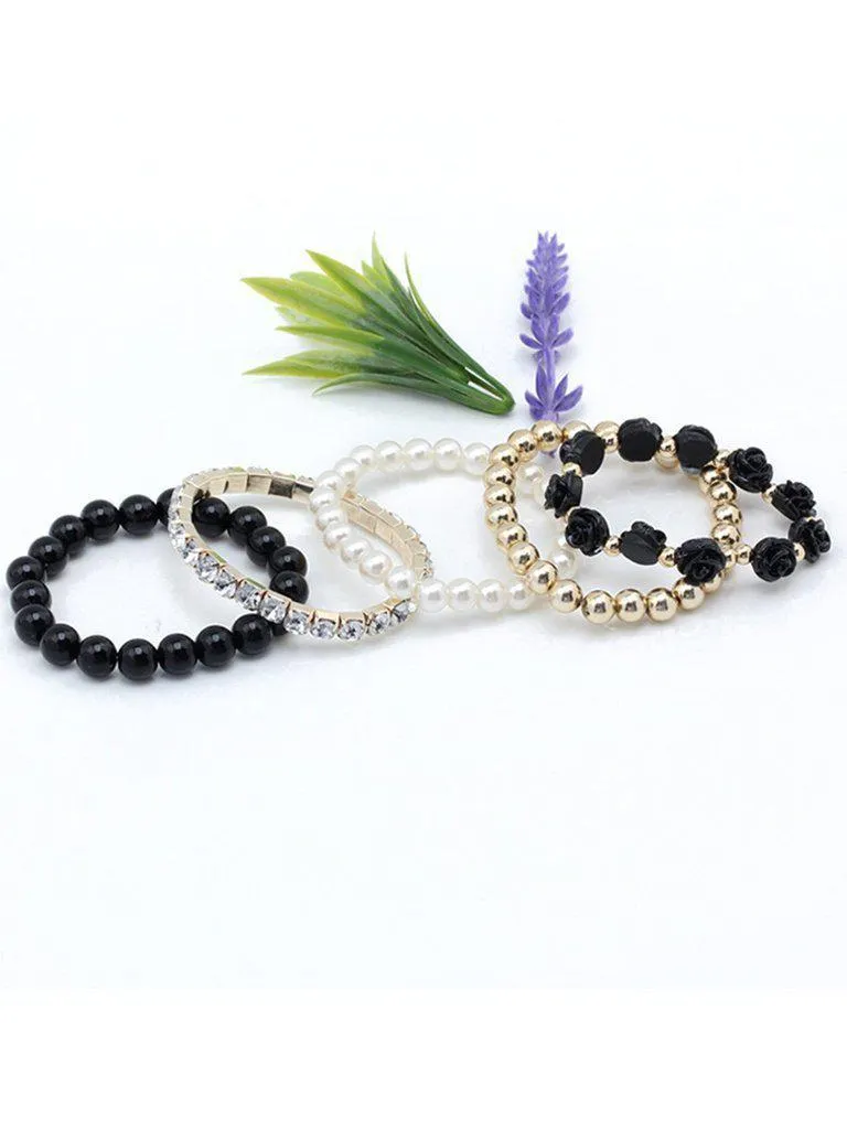 Rose Detail Rhinestone Beaded Bracelet Set 5pcs