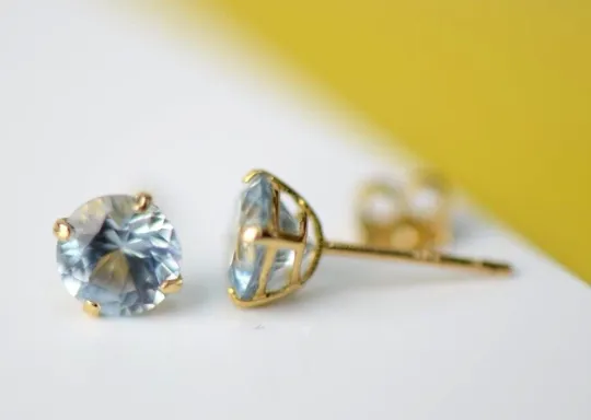 Round Birthstone Stud Earrings 14K Solid Yellow Gold 3mm to 6mm