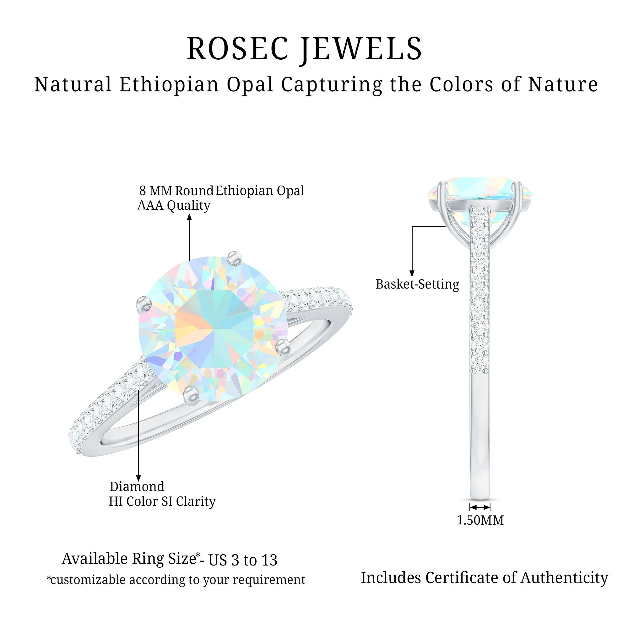 Round Ethiopian Opal and Diamond Solitaire Ring