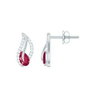 Ruby and Diamond Leaf Stud Earrings