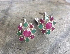 Ruby Flower Earrings - Emerald Earrings - Vintage Statement Earrings