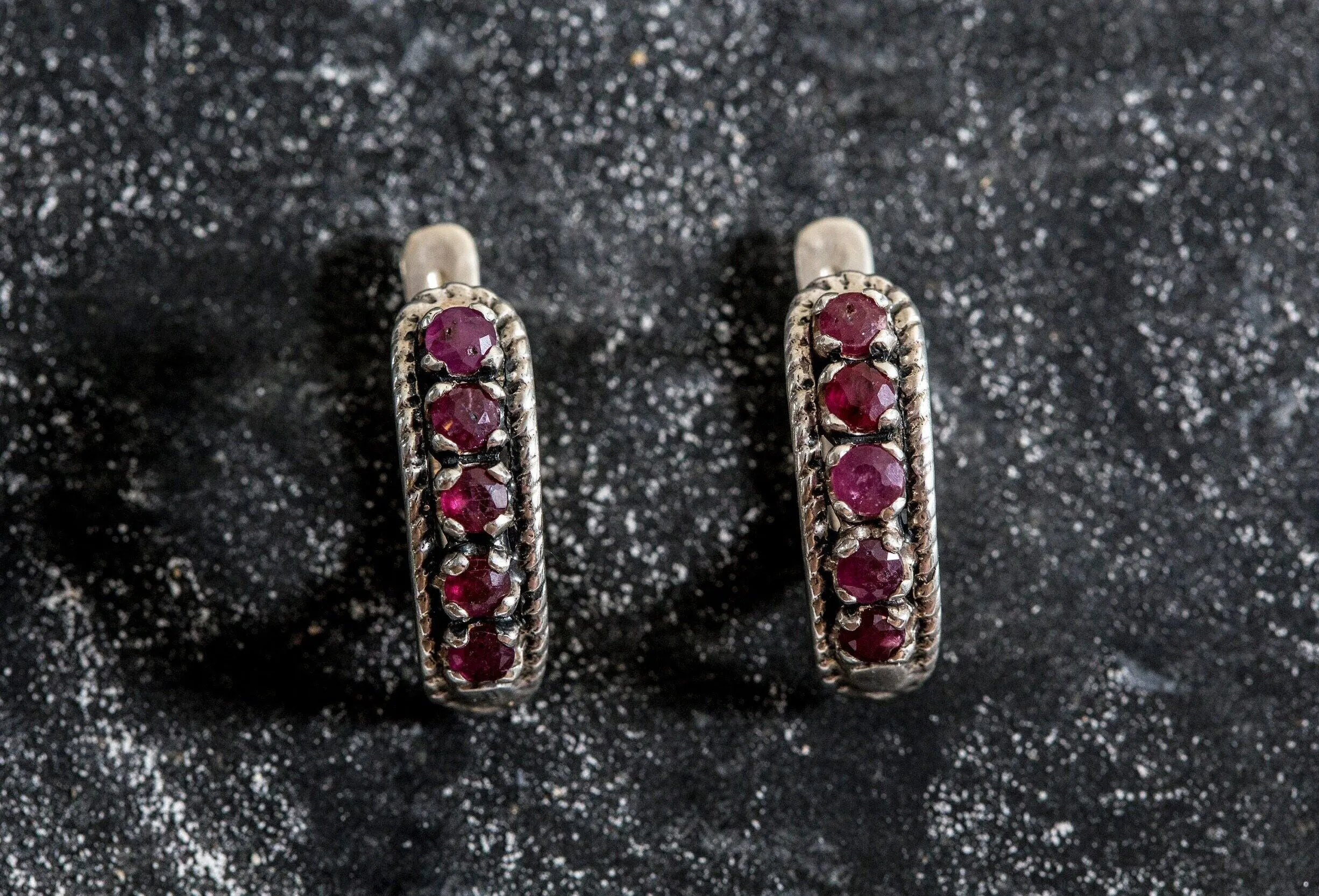 Ruby Vintage Earrings - Half Hoops Earrings - Natural Ruby Earrings