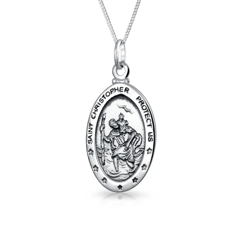 Saint Christopher Oval Medallion Pendant Necklace in Sterling Silver for Safe Travel