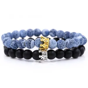 Santa Cruz Stackable Beaded Crown Bracelets, Grey Agate / Black