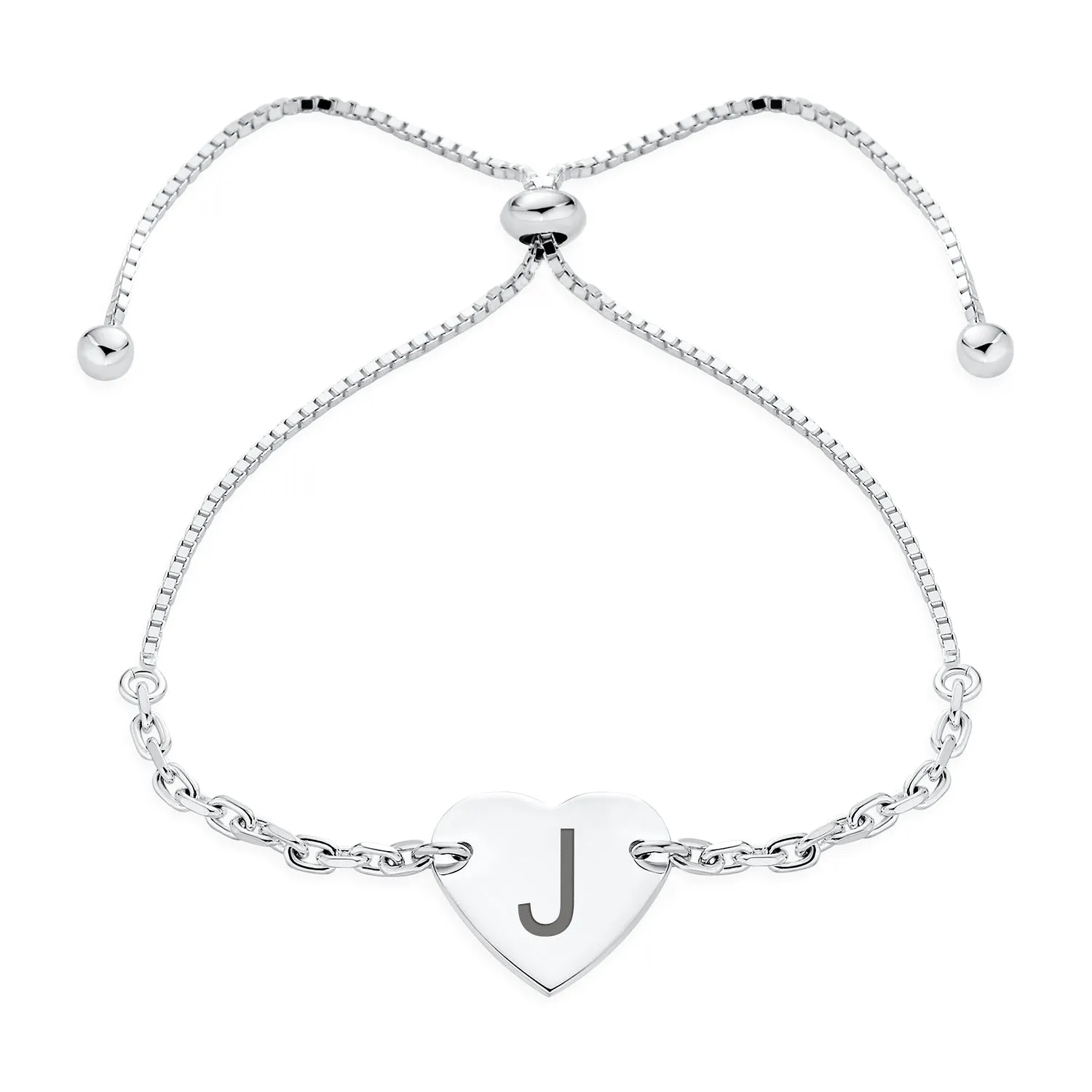 Script or Block Letter A-Z Initial Monogram Heart ID Bracelet Sterling Silver