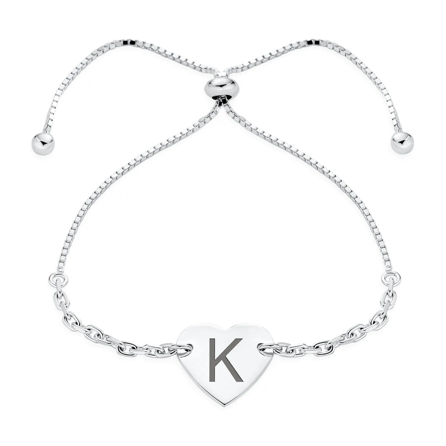 Script or Block Letter A-Z Initial Monogram Heart ID Bracelet Sterling Silver