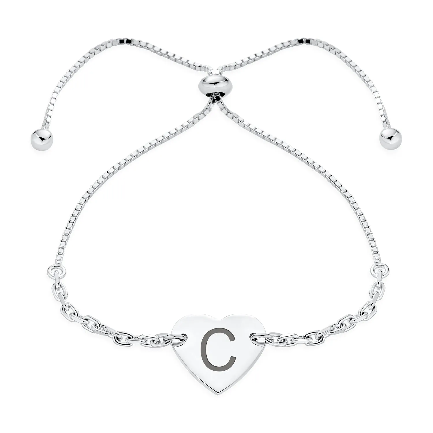 Script or Block Letter A-Z Initial Monogram Heart ID Bracelet Sterling Silver