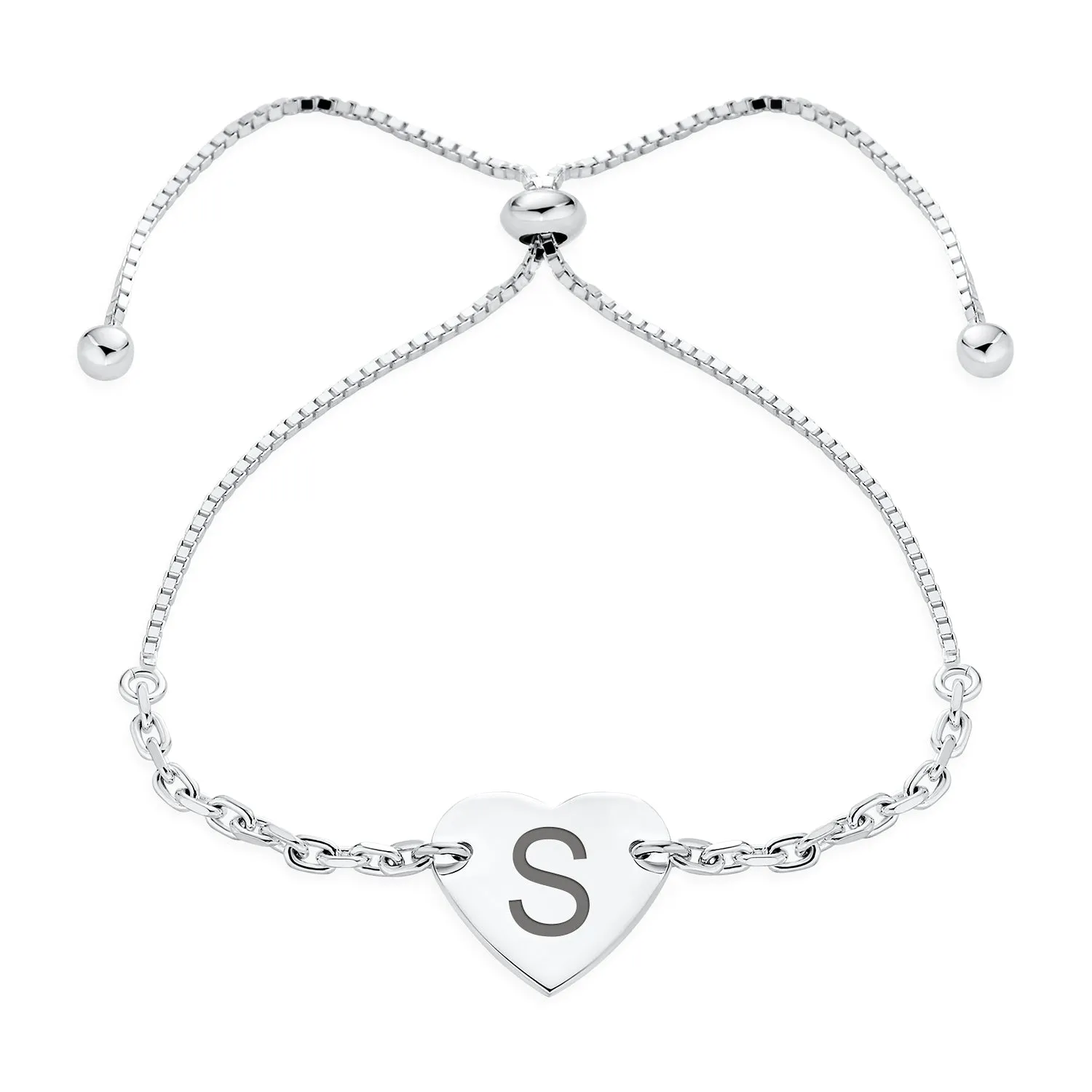 Script or Block Letter A-Z Initial Monogram Heart ID Bracelet Sterling Silver