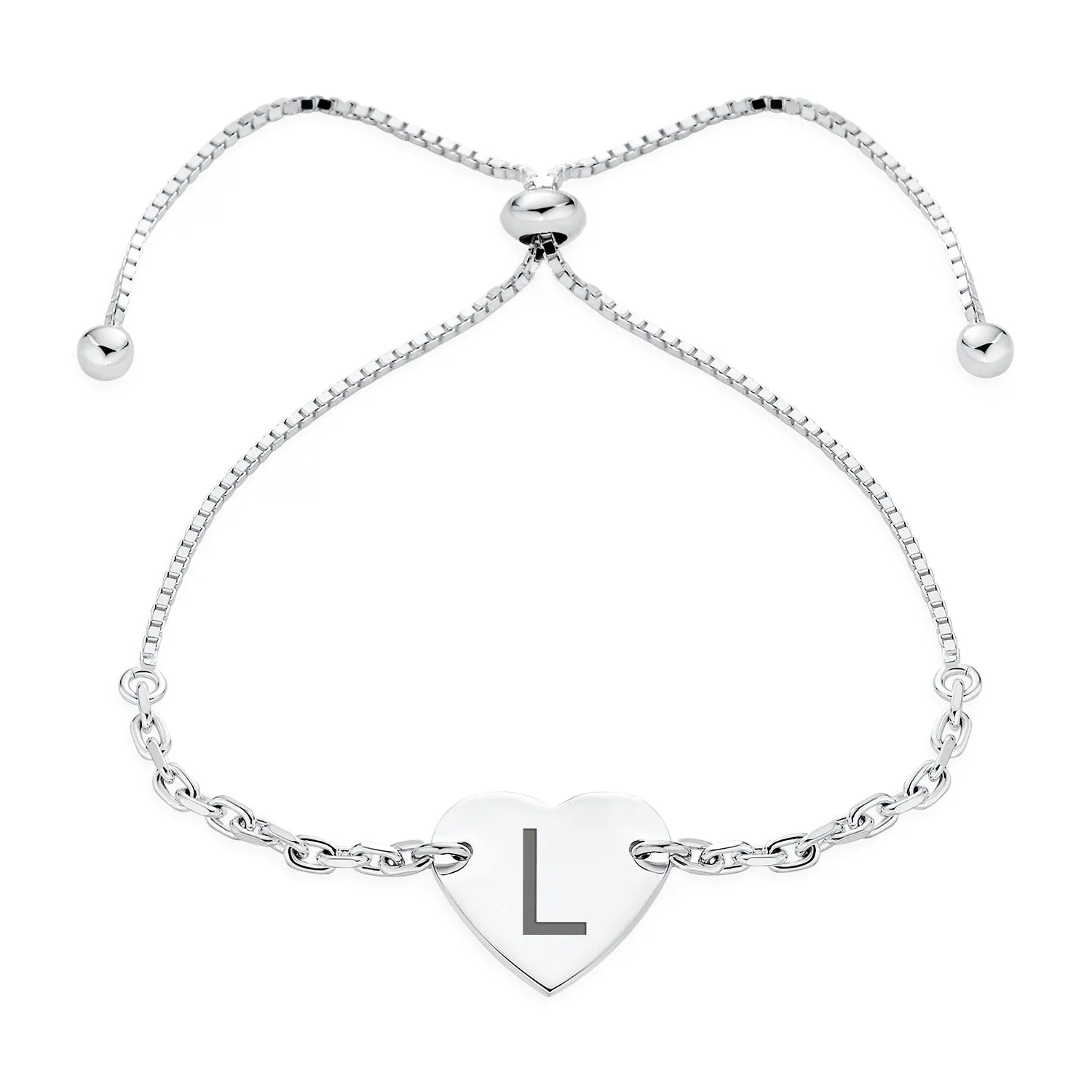 Script or Block Letter A-Z Initial Monogram Heart ID Bracelet Sterling Silver