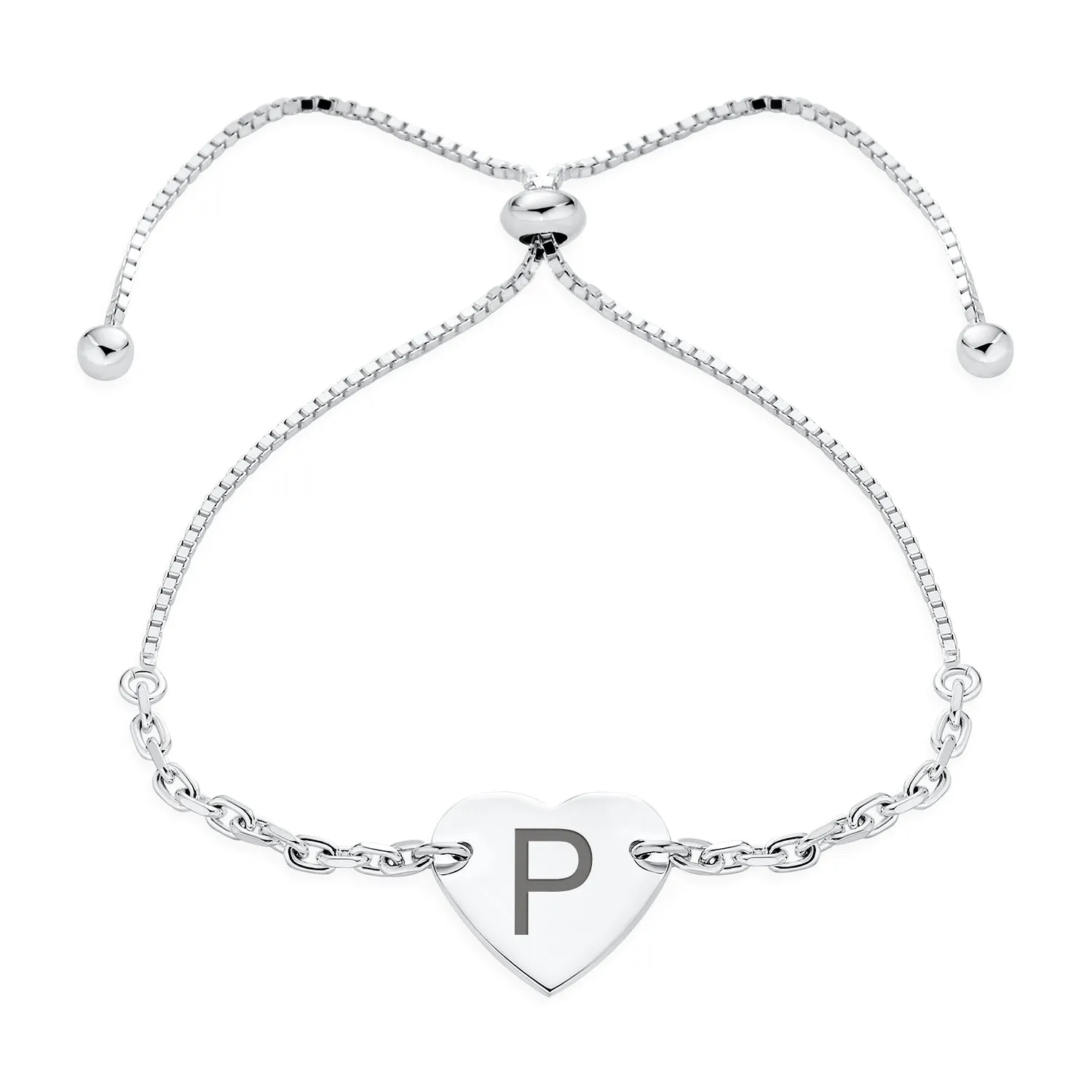 Script or Block Letter A-Z Initial Monogram Heart ID Bracelet Sterling Silver