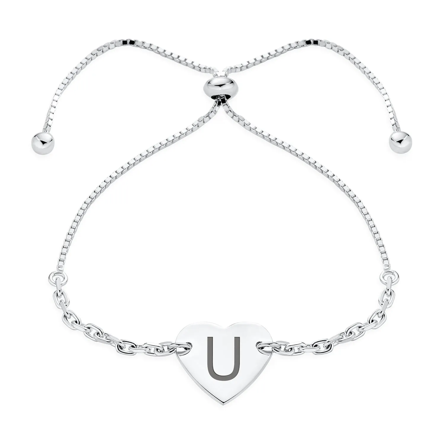 Script or Block Letter A-Z Initial Monogram Heart ID Bracelet Sterling Silver