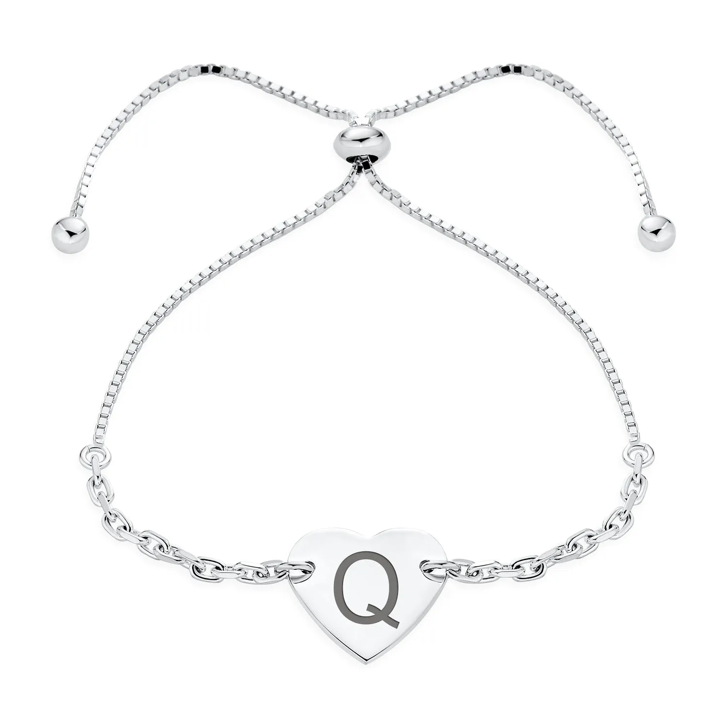 Script or Block Letter A-Z Initial Monogram Heart ID Bracelet Sterling Silver