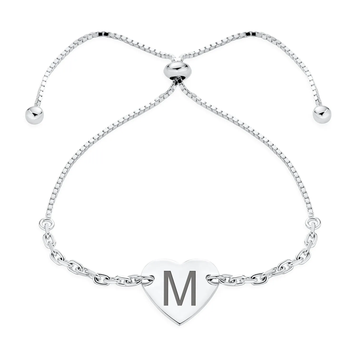 Script or Block Letter A-Z Initial Monogram Heart ID Bracelet Sterling Silver