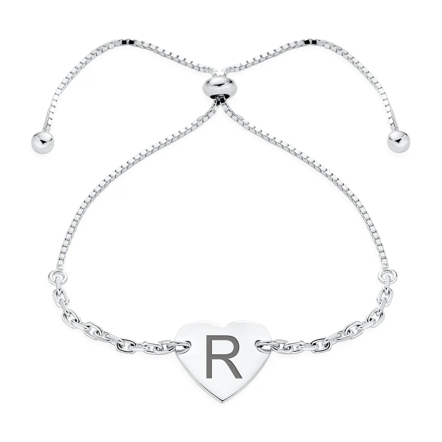 Script or Block Letter A-Z Initial Monogram Heart ID Bracelet Sterling Silver