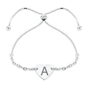 Script or Block Letter A-Z Initial Monogram Heart ID Bracelet Sterling Silver