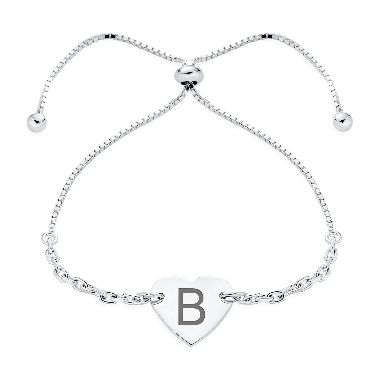 Script or Block Letter A-Z Initial Monogram Heart ID Bracelet Sterling Silver