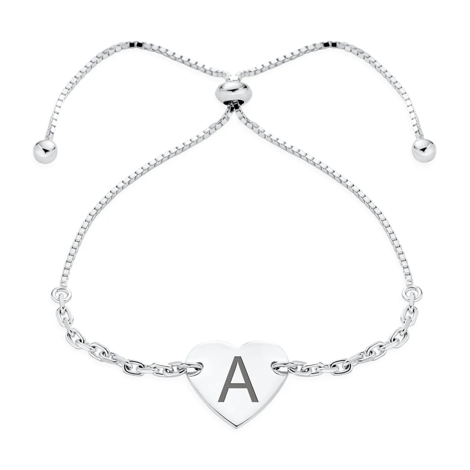 Script or Block Letter A-Z Initial Monogram Heart ID Bracelet Sterling Silver