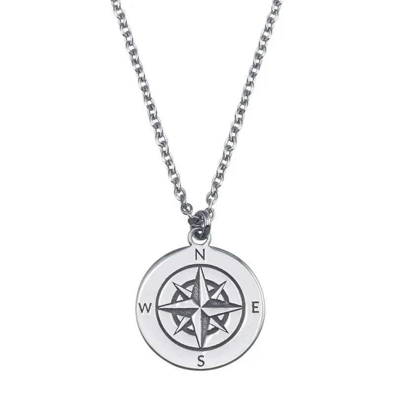 Silver 925 Rhodium Plated Compass Engraved DiscPendant Necklace