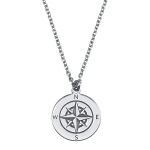 Silver 925 Rhodium Plated Compass Engraved DiscPendant Necklace