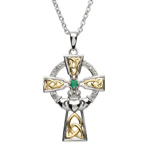 Silver Celtic Trinity Cross Set With Emerald And Diamond