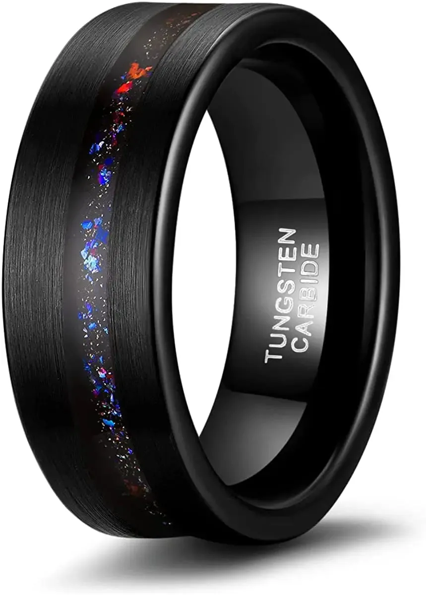 Somen 8mm Mens Wedding Band Black Tungsten Rings for Men Women Sandblasted Opal inlay Groove Center Mens Rings Matte Finished