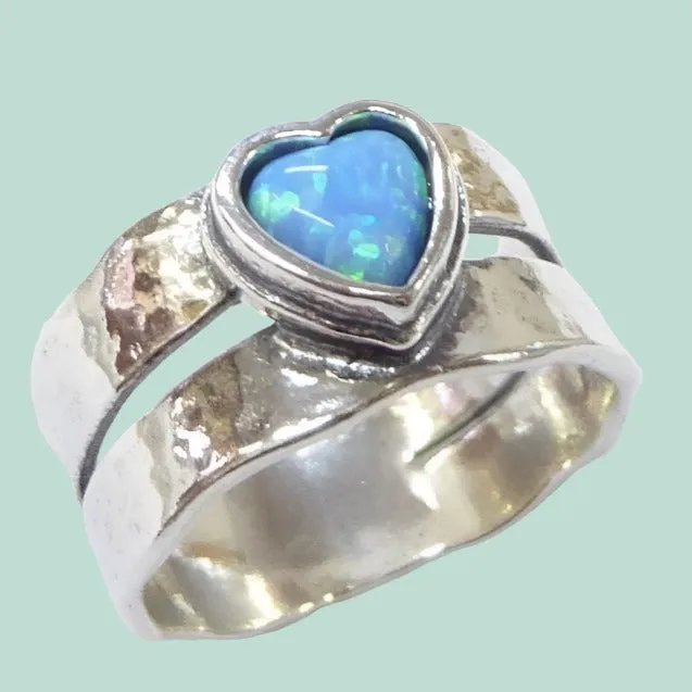 Sterling Silver 925 Ring set with a blue Opal Heart. Unique Love Jewelry