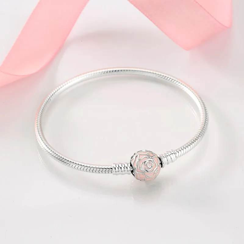 Sterling Silver Snake Chain Bracelet with Pink Rose Clasp