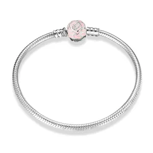 Sterling Silver Snake Chain Bracelet with Pink Rose Clasp