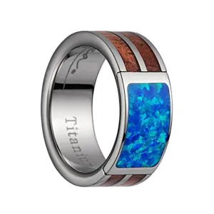 Titanium Wedding Band With Pink Ivory Wood/Opal Inlay & Polished Edges - 8mm