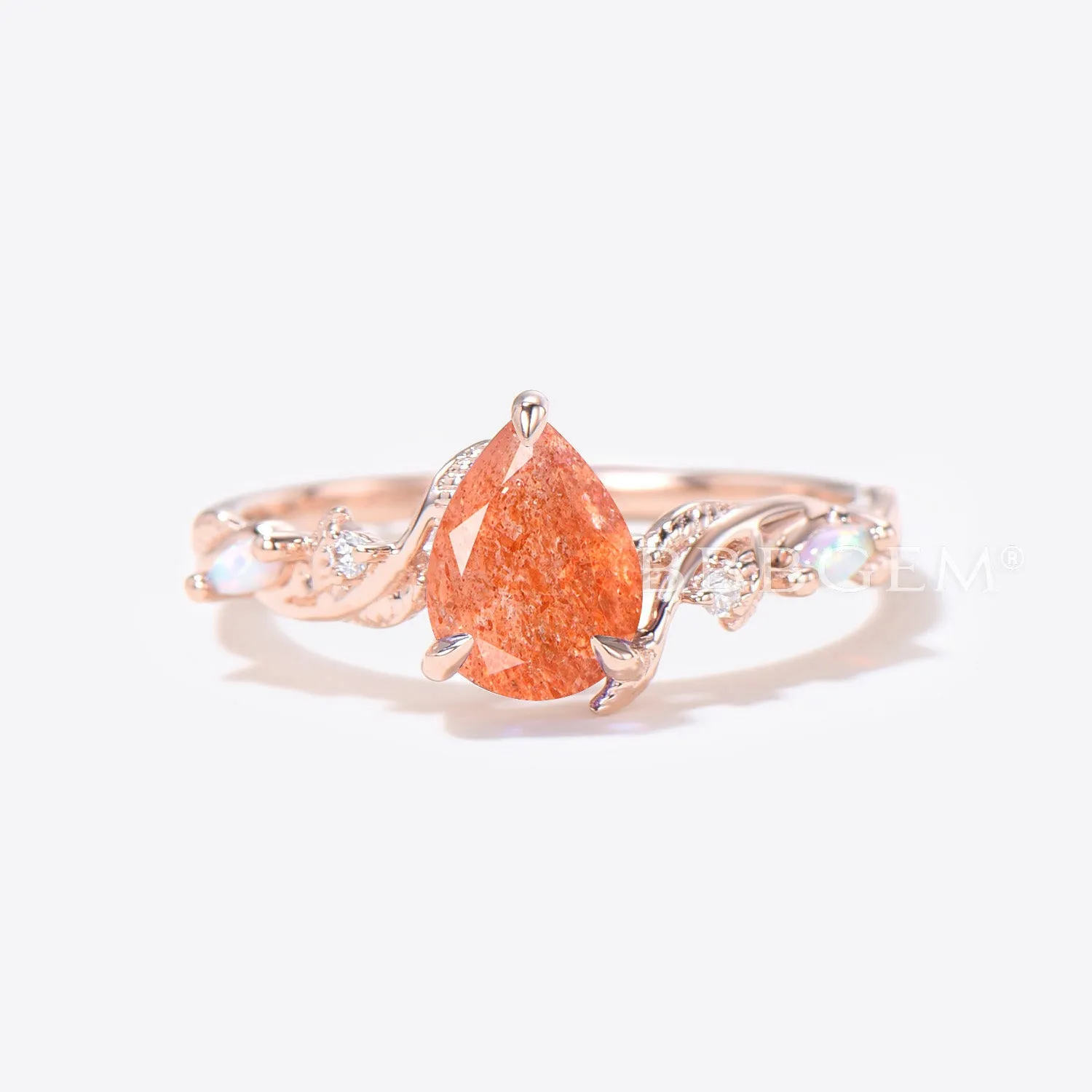 Twig Vine Pear Shaped Sunstone Engagement Ring Leaf Opal Bridal Set