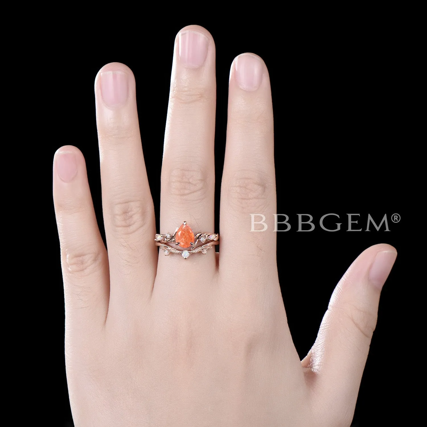 Twig Vine Pear Shaped Sunstone Engagement Ring Leaf Opal Bridal Set