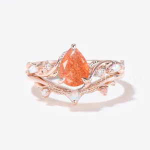 Twig Vine Pear Shaped Sunstone Engagement Ring Leaf Opal Bridal Set