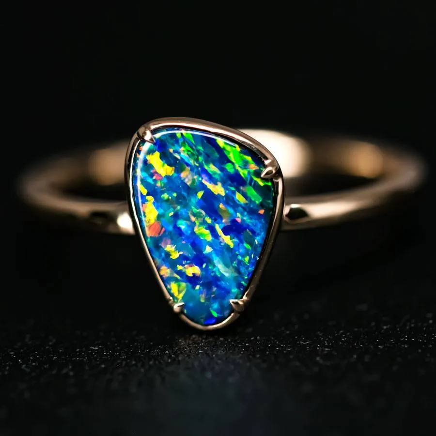 Unique Pattern Doublet Opal Engagement Ring 18K Yellow Gold