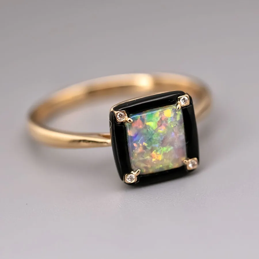 Unique Square Black Opal Agate Diamond Engagement Ring 18K Yellow Gold