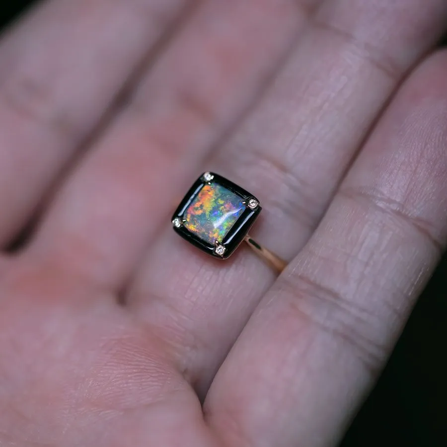 Unique Square Black Opal Agate Diamond Engagement Ring 18K Yellow Gold