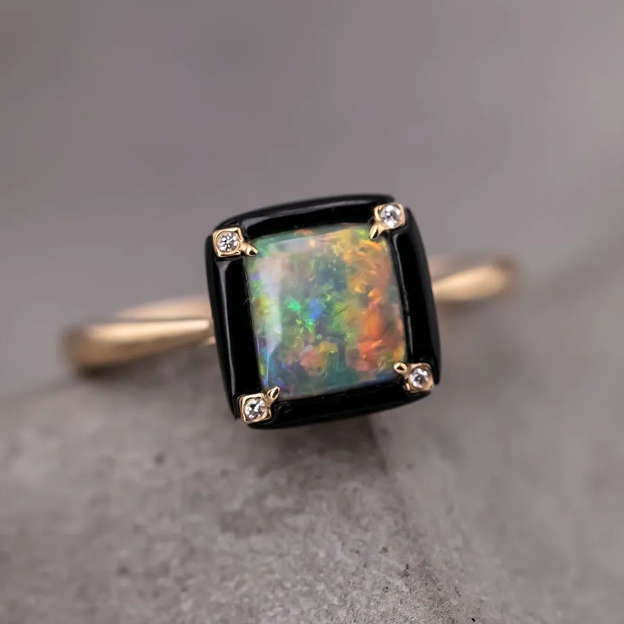 Unique Square Black Opal Agate Diamond Engagement Ring 18K Yellow Gold