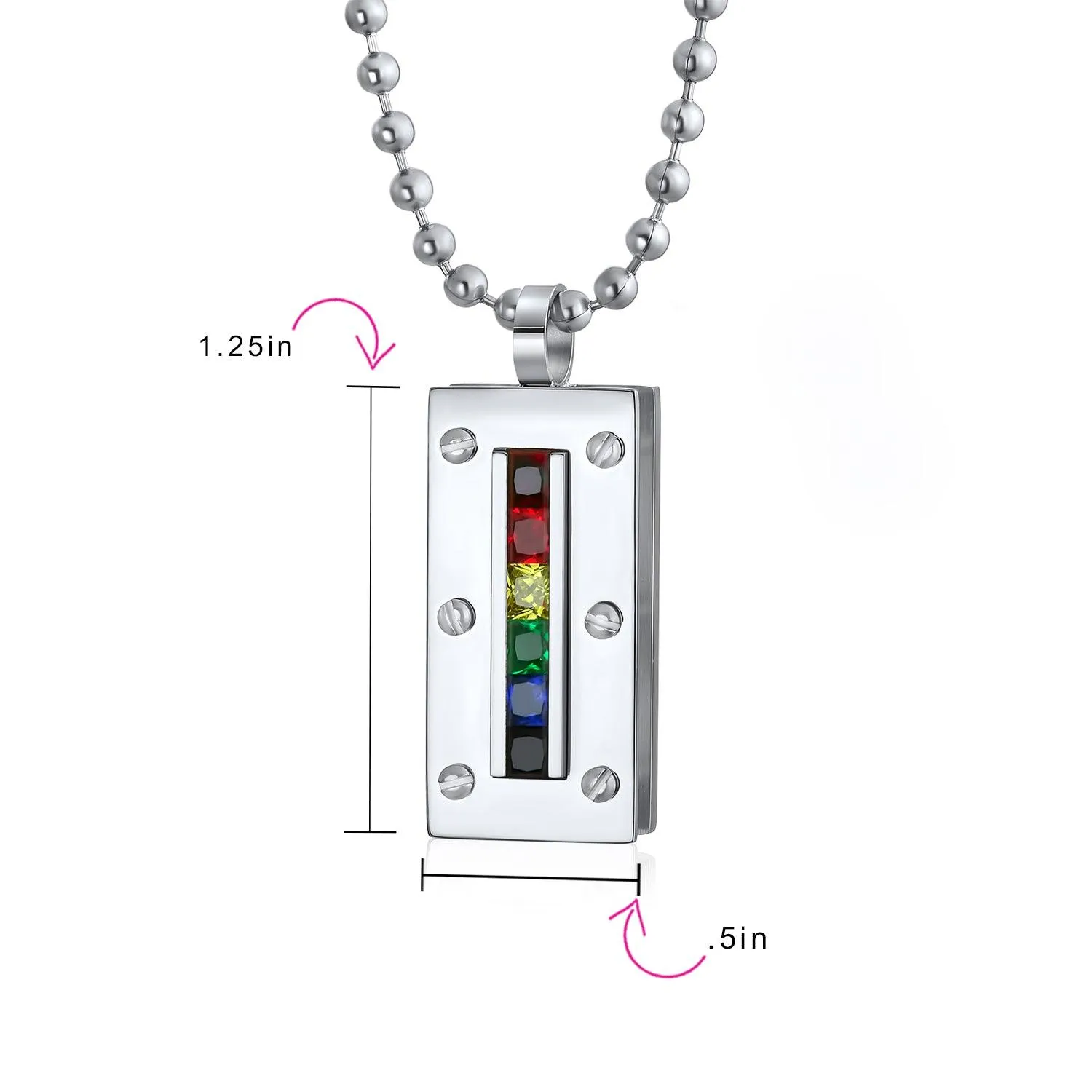 Unisex Rainbow CZ Dog Tag Pendant Necklace in Silver Tone Stainless Steel