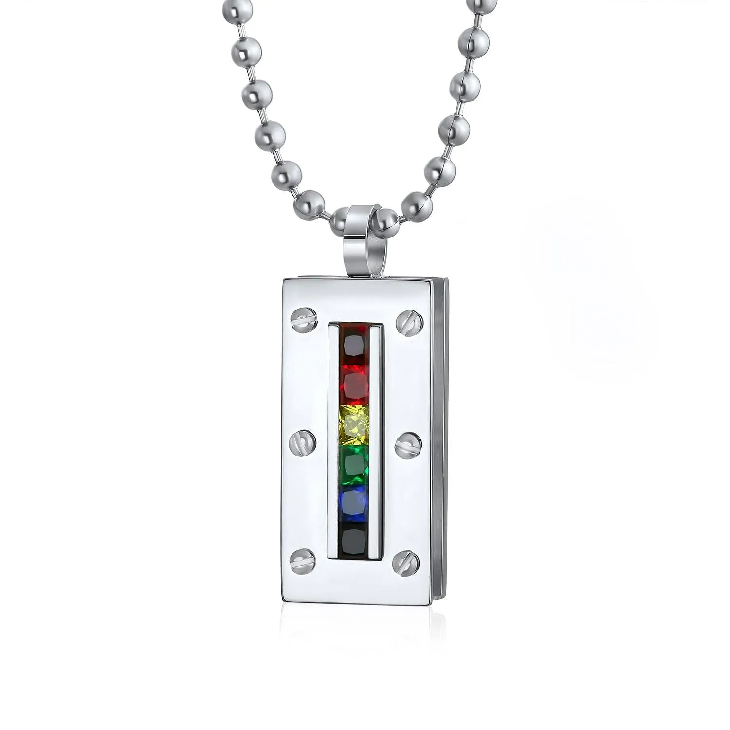 Unisex Rainbow CZ Dog Tag Pendant Necklace in Silver Tone Stainless Steel