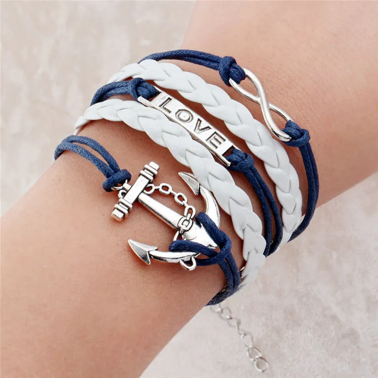 Vintage Braided Anchors bracelet best friends Leather Bracelet men jewelry heart charm Bracelets for women