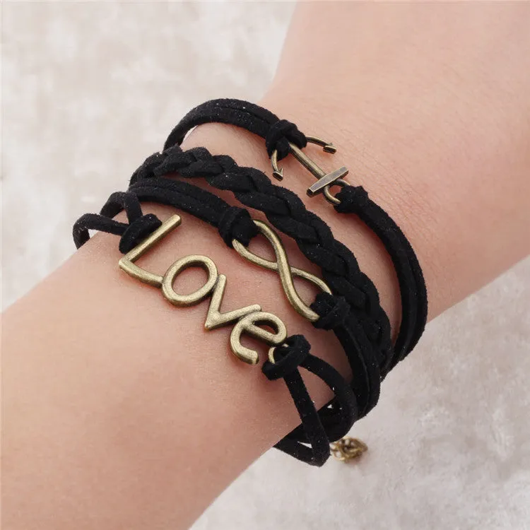 Vintage Braided Anchors bracelet best friends Leather Bracelet men jewelry heart charm Bracelets for women