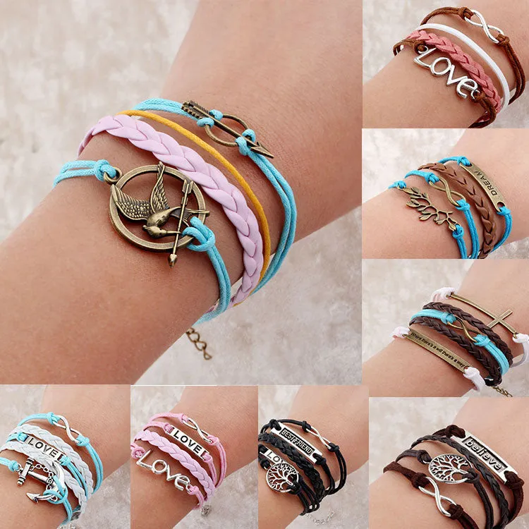 Vintage Braided Anchors bracelet best friends Leather Bracelet men jewelry heart charm Bracelets for women